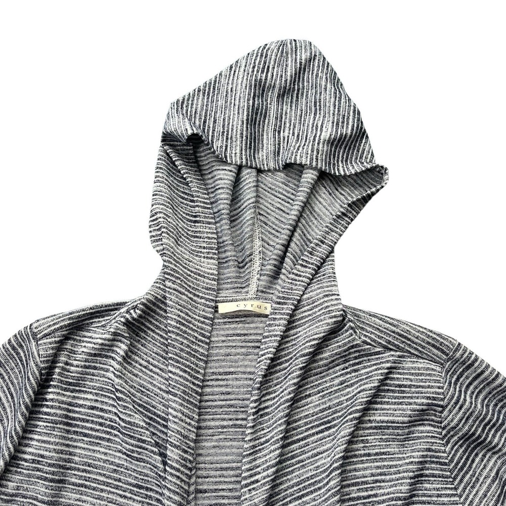 Cyrus Women's L Navy Blue White Stripe Hooded Open Front Waterfall Cardigan Cozy